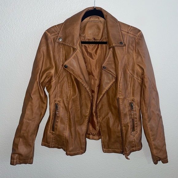 Max Studio Faux Leather Moto Jacket in Cognac - Picture 2 of 3